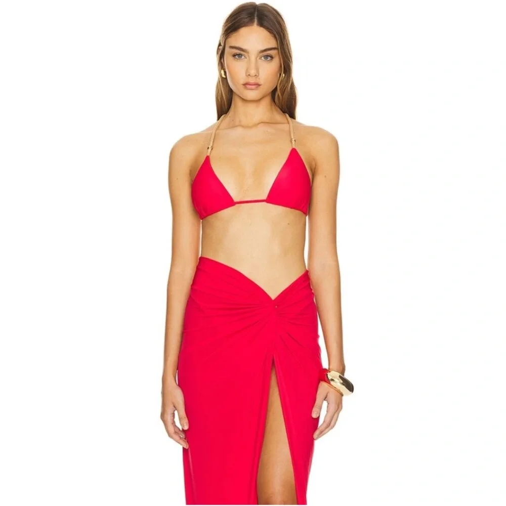 New ViX Karen Twist Pull-On Solid Red Midi Swim Beach Pareo Cover-Up Skirt Med